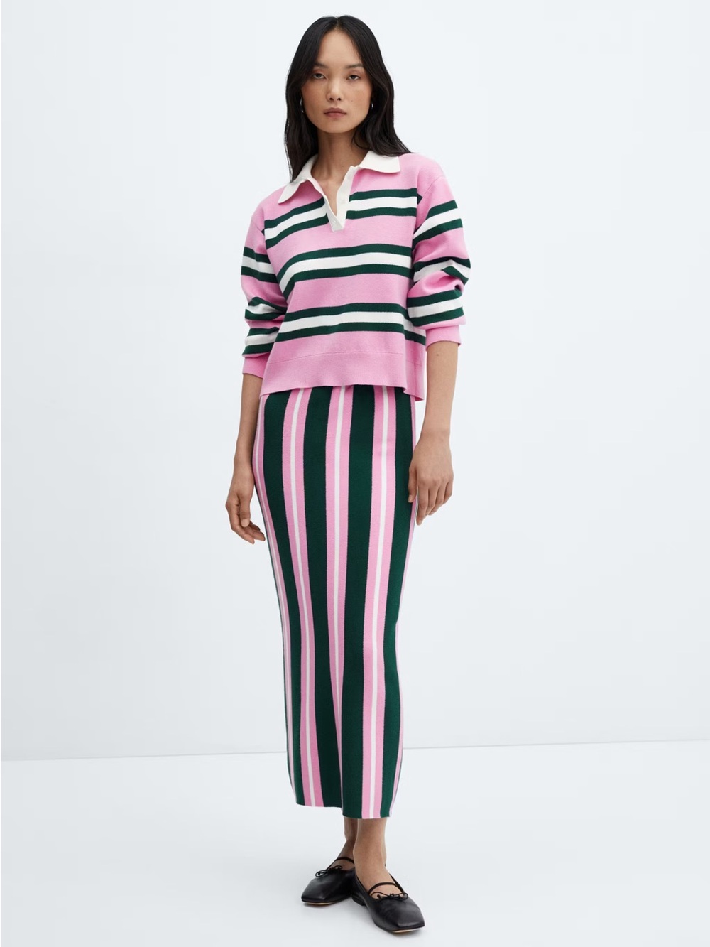Mango Pink Green Striped Polo Collar Knit Sweater Top Small - Tennis Preppy - Picture 7 of 16